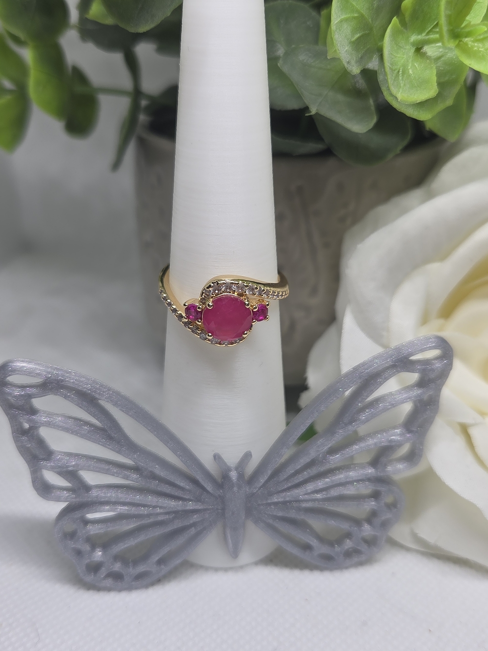 BP Gold Ring with Fushia CZ Center Stone and Accent Gems